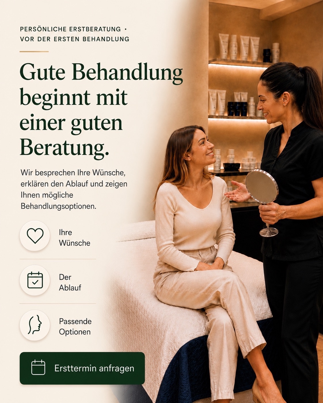Beispielanzeige für eine persönliche Erstberatung mit Beratungsszene, den Themen Wünsche, Ablauf und passende Optionen sowie Termin-CTA.