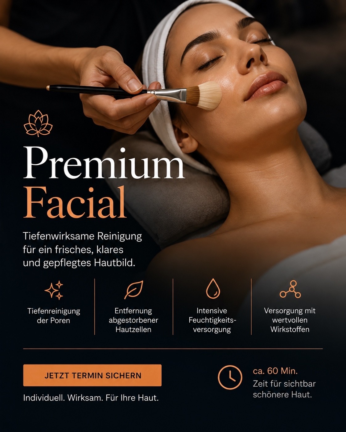 Beispielanzeige für ein Premium Facial mit Behandlungsfoto, Leistungsmerkmalen und Termin-CTA.